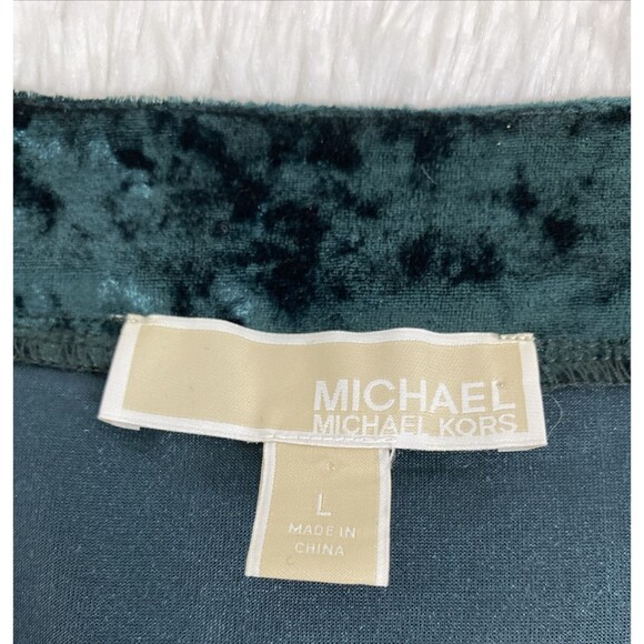 Michael Kors Velvet Top Size L Emerald Green Crushed Blouse Bell Sleeves 3/4 - Picture 10 of 14